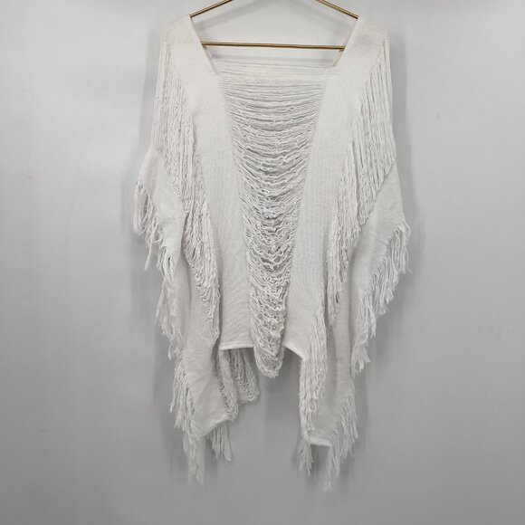 Maria Victoria by Lula Loom White Fringe Knit Poncho Ruana One Size 100% Cotton - Picture 3 of 9